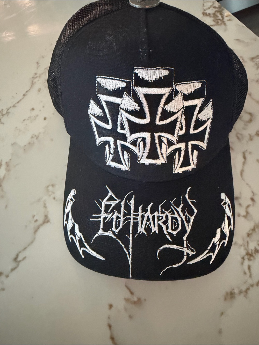 Ed Hardy Black Cap with White Cross Embroidery